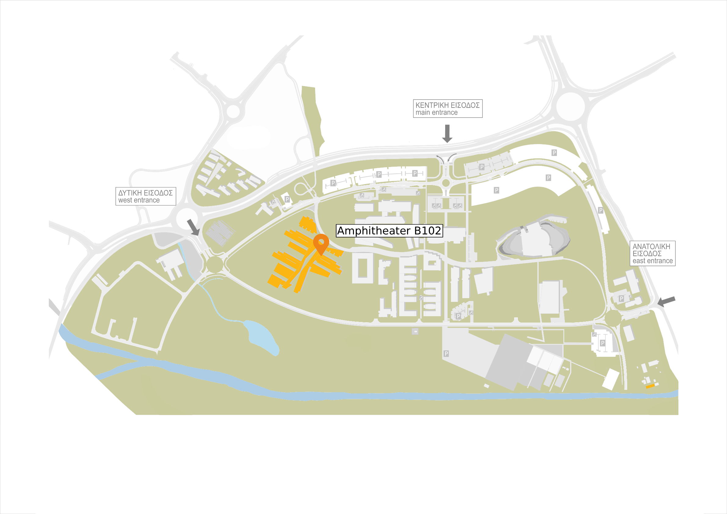 Map of the University of Cyprus New Campus showing Amphitheater B102